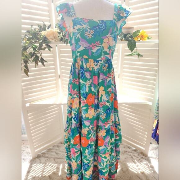 BOUTIQUE GREEN NWOT FLORAL RUFFLE PEPLUM LINED MAXI DRESS MULTIPLE SIZES - Picture 2 of 9